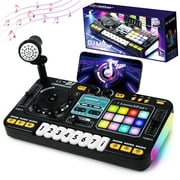 JBeeCtrl DJ Mixer for Kids with Microphone, Piano&BT Light up DJ Turntable with 12 Midi DJ Controller for Beginners Child Musical Instruments Toys for 5 6 7 8 Year Old Boys Birthday Gift-Black