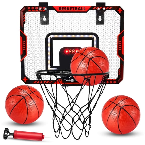 JBeeCtrl Indoor Basketball Hoop for Kids Mini Basketball Hoop over The Door with Electronic Scoreboard Basketball Toys Birthday Gifts for 5 6 7 8 9 10 Year Old Boys Girls(Red)