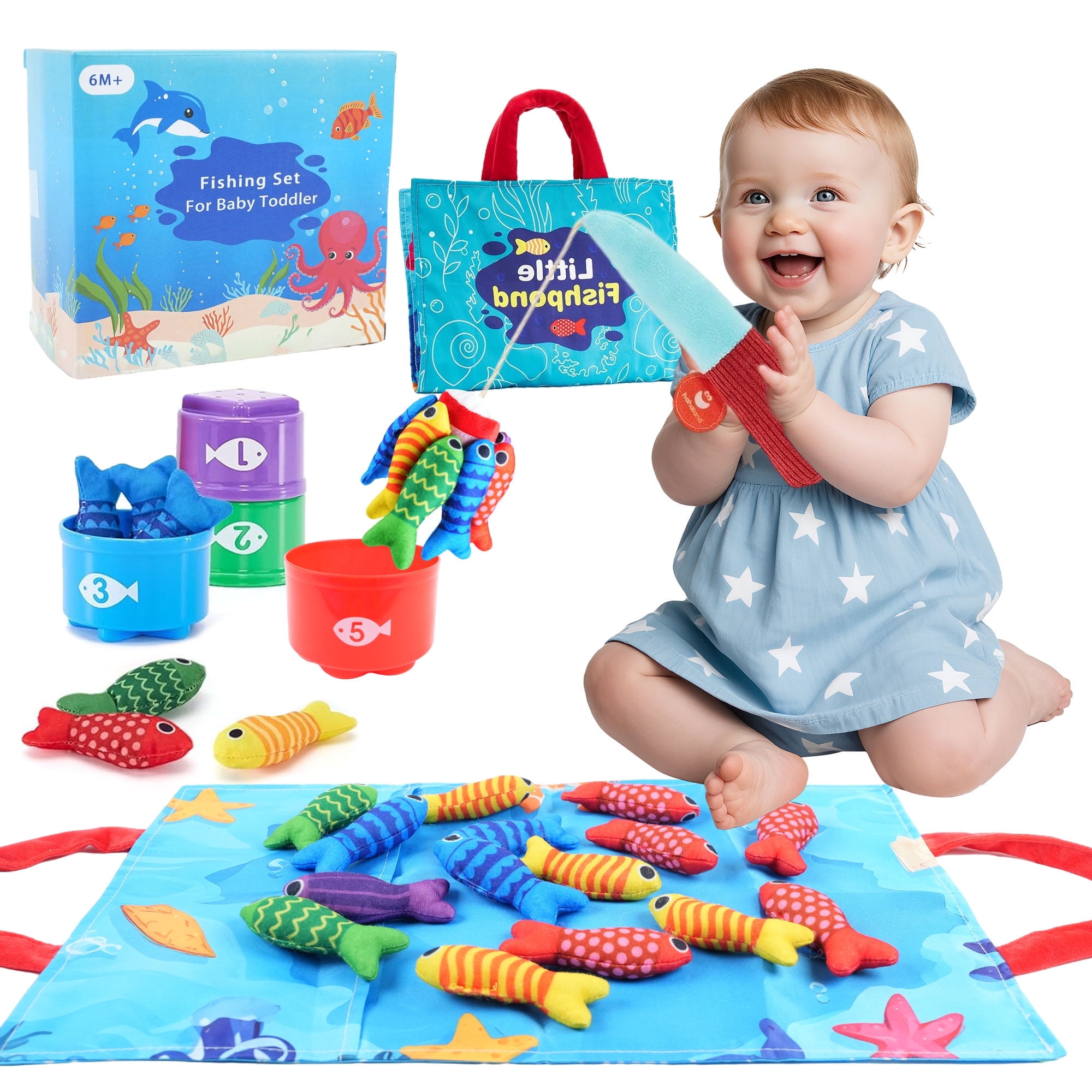 JBeeCtrl Montessori Toys for 1 Year Old Boys Girls Cloth Fishing Game Toys for Toddlers 1-3 with Stacking Cups 1 Year Old Boy Girl Birthday Gift Sensory Toys for Baby 6-12 12-18 Months