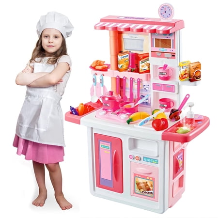 JBeeCtrl Play Kitchen Set for Kids Girls 33Inch Pink Toy Pretend Food Kitchen Toys Gift for Toddlers Girls Boys Age 3 4 5 6 7