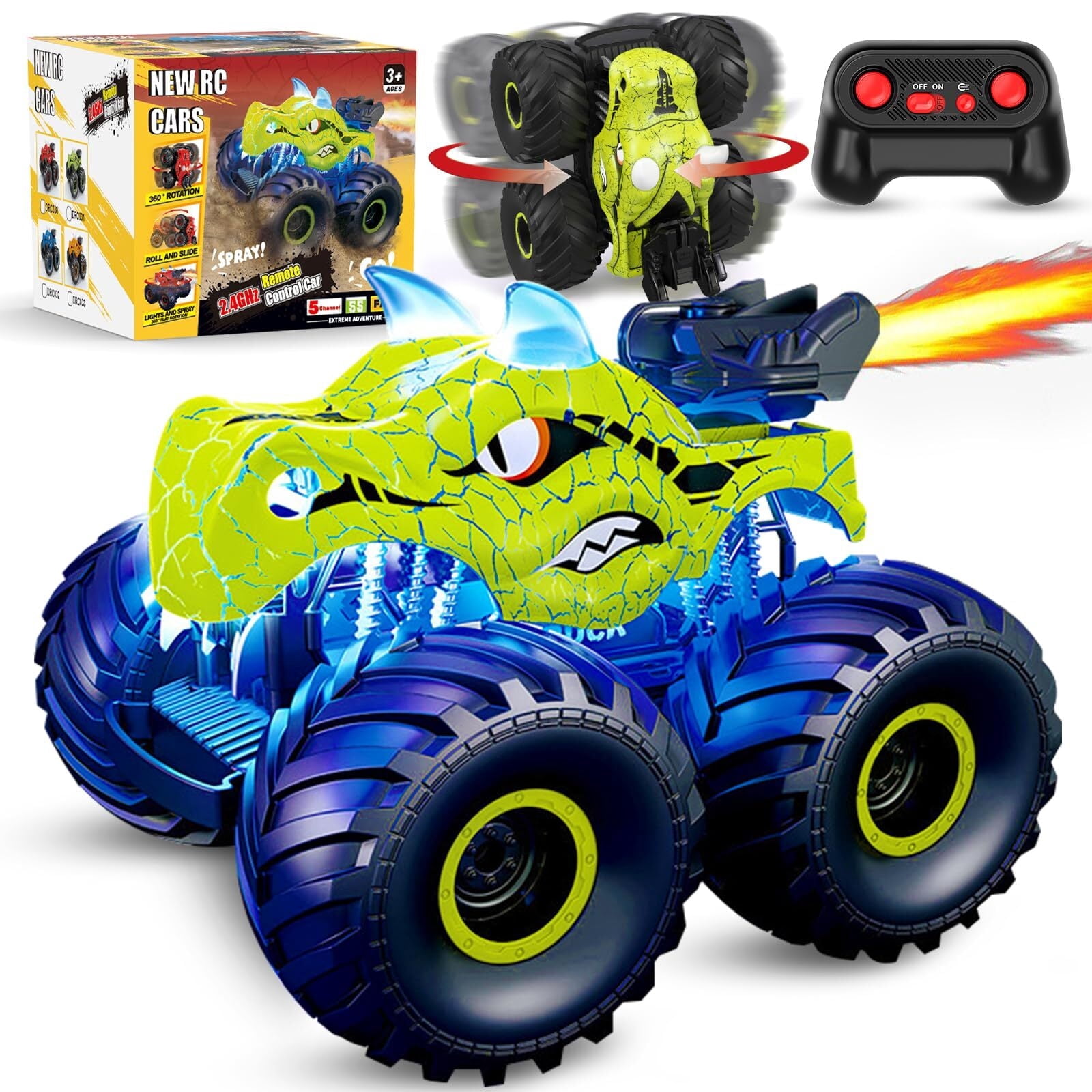 JBeeCtrl Remote Control Car 2.4GHz 360° Rotating RC Monster Trucks for Boys with Spray, Light & Sound Dinosaur Toys for Kids Boys 3 4 5 6 7 8 Christmas Birthday Gift（Green）
