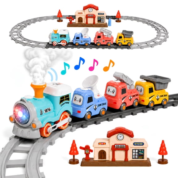 JBeeCtrl Steam Train Set for Toddlers 2-4 Electric Toy Train Set for Kids with Music, Lights & 3 Engineering Cars Christmas Birthday Gifts for Boys Girls 3 4 5 6 Years Old
