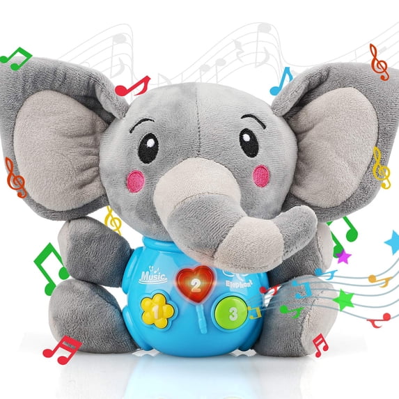JBeeCtrl Toy for 1 Year Old Light Up Musical Elephant Plush Toy Soft Stuffed Animal with 12 Songs & Sound Effects 1st Birthday Shower Gift Easter Basket Stuffer