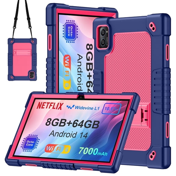 JBuwsdan Case for TabneraX 10.1 Inch Tablet,Shockproof Kids Friendly Protective Cover Built-in Kickstand with Shoulder Strap Case for TabneraX UTbook 10.1 Inch/AWOW UTBook_14 10.1" Tablet(Navy/Pink)