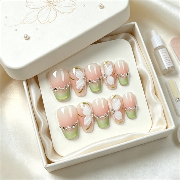 JC Y4 10pcs short coffin press on nails pink green french 3d white flower pearl rhinestone chain sweet elegant handmade fake nails for wedding party daily