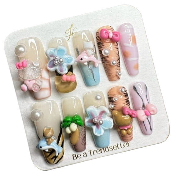 JC 10Pcs Almond Shaped Handmade Nail Tips, Pearl & Metallic Bead Decor, Reusable Nail Art Set With 1 Gel Sheet & 1 Cuticle Pusher Press On Nails Nail Supplies Nails