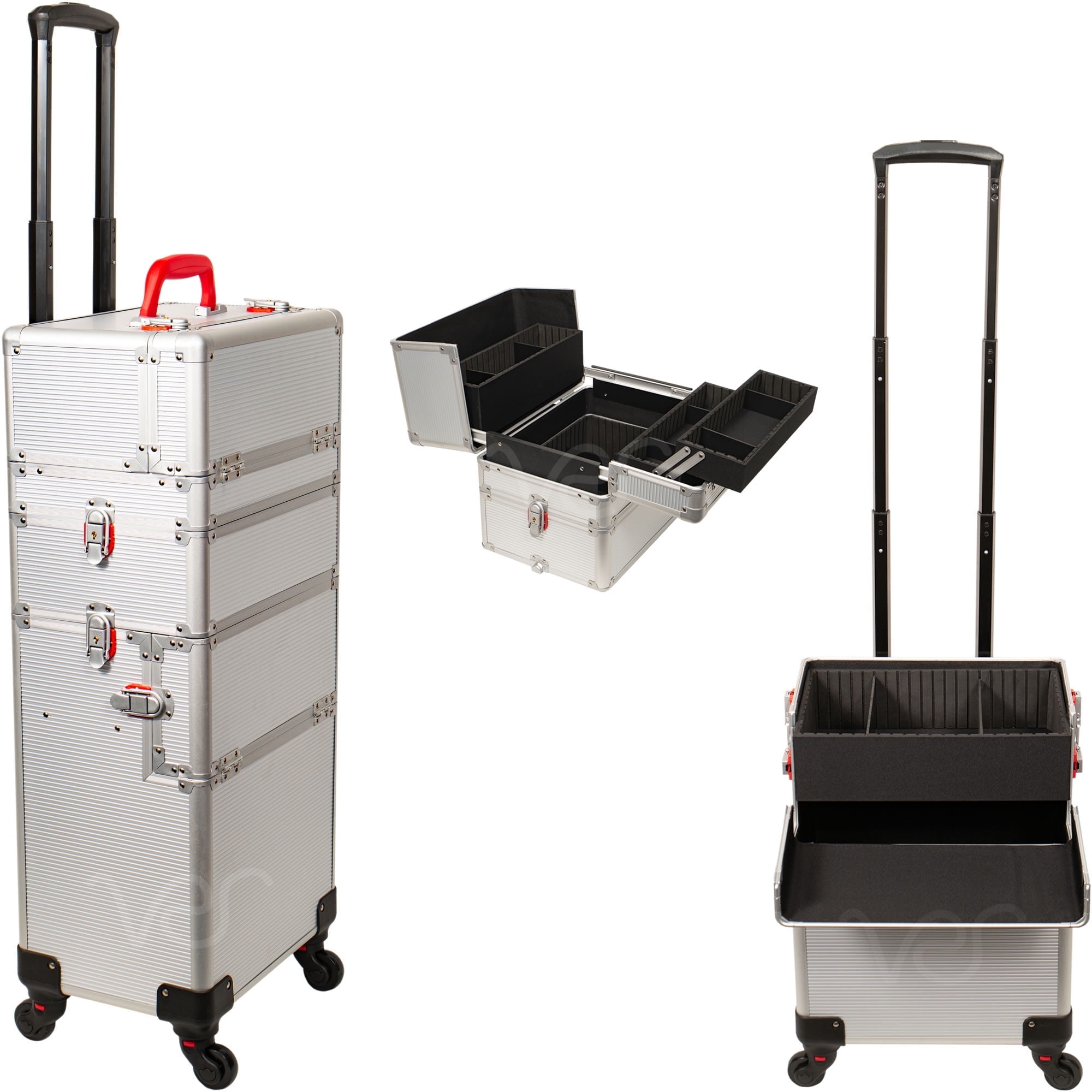 Silver Stripe Heavy Duty Rolling Makeup Train Case with Extendable Trays