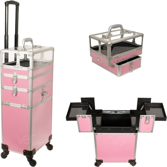 JC Beauty 7 in 1 Rolling Makeup Case - Makeup Trolley with Interchangeable Compartments, Pink Stripe