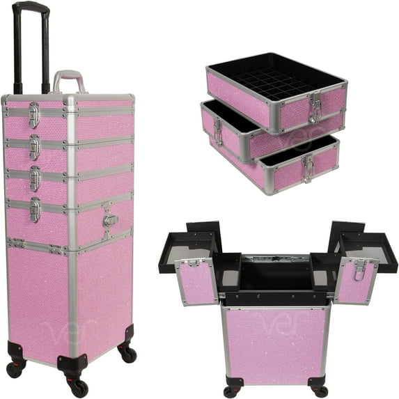 JC Beauty 9 in 1 Professional Rolling Makeup Trolley - Interchangeable Makeup Train Case - Large Capacity & Removable Trays Nail Cart Organizer with Wheels - Travel Cosmetic Case, Pink Crystal