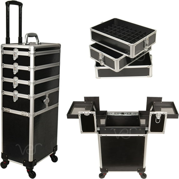 JC Beauty 9 in 1 Professional Rolling Makeup Trolley - Interchangeable Makeup Train Case - Large Capacity & Removable Trays Nail Cart Organizer with Wheels - Travel Cosmetic Case, Black Stripe