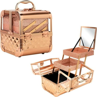 JC Beauty  Rose Gold Acrylic 2-Tiers Extendable Trays Cosmetic Makeup Train Case with Mirror
