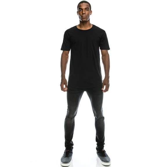 JC DISTRO Men's Hipster Cotton Elong Drop-Cut Scallop-Tail Short Sleeve Crewneck T-Shirts (upto 3XL) BLACK Large