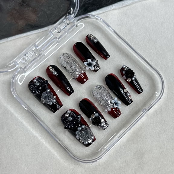 JC Handcrafted Middle Length Coffin Nail Press Ons, Durable and Stylish, Red, 10 Pieces
