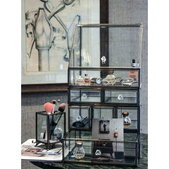 JC MAN Makeup Organizer Glass Large 4 Tier Brass Metal Cosmetic Storage Cube for Makeup, Brushes, Perfumes, Skincare (4 Tier Set)