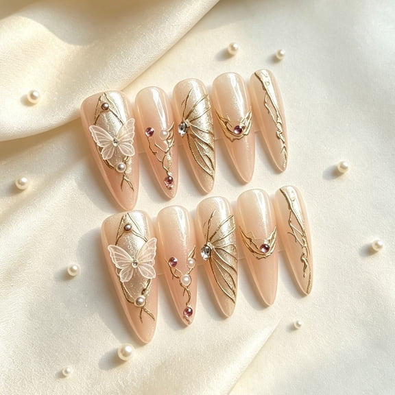 JC P32 10pcs long almond press on nails nude champagne gold 3d relief leaf pearl rhinestone handmade pure fake nails for wedding party evening