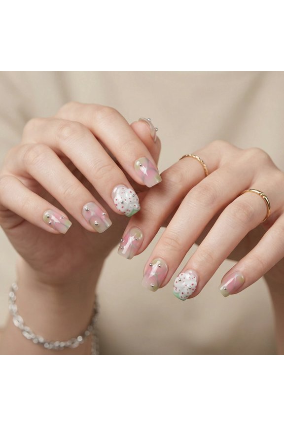 P38 10pcs short square press on nails pink green watercolor polka dot 3d silver bead sweet aesthetic handmade fake nails for daily party