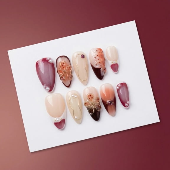 JC P41 10pcs Long Almond Press On Nails Burgundy Pearl 3D Metal Flower Rhinestone Gradient Retro Wedding Engagement Luxury Handmade Fake Nails