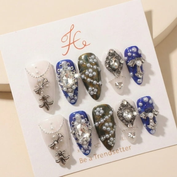JC P43 10pcs Long Coffin Press On Nails Royal Blue Pearl 3D Vintage Brooch Rhinestone Chain Luxury Baroque Wedding Handmade Fake Nails