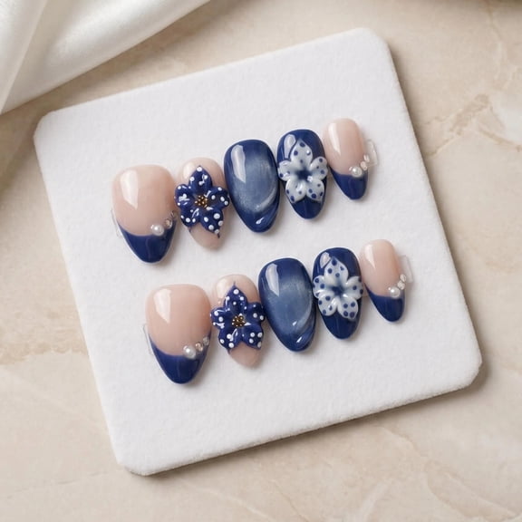 JC P49 10pcs Short Oval Press On Nails French Blue 3D Blue Polka Dot Orchid Pearl Rhinestone Minimalist Elegant Daily Handmade Fake Nails
