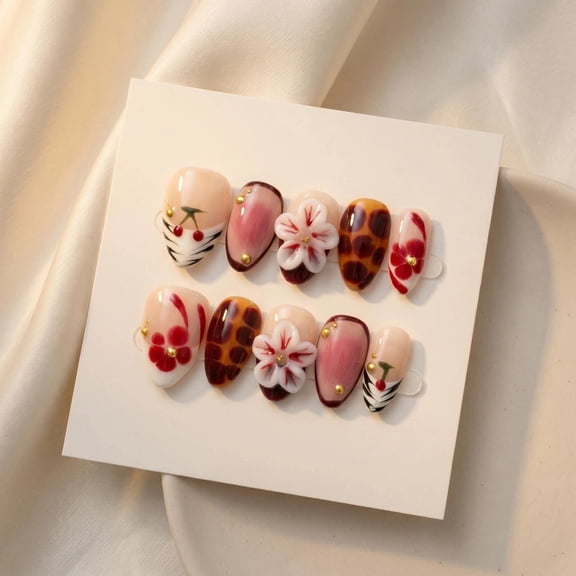 JC P53 10pcs Medium Stiletto Press On Nails Nude Pink Red Gradient 3D Resin Flower Cherry Leopard Print Rhinestone Gold Foil Autumn Aesthetic Handmade Fake Nails