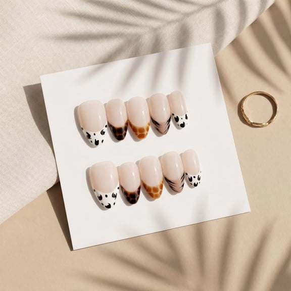 JC P54 10pcs Medium Long Oval Press On Nails Nude Beige French Tip Cow Print Leopard Print Zebra Print Mix Animal Print Handmade Fake Nails
