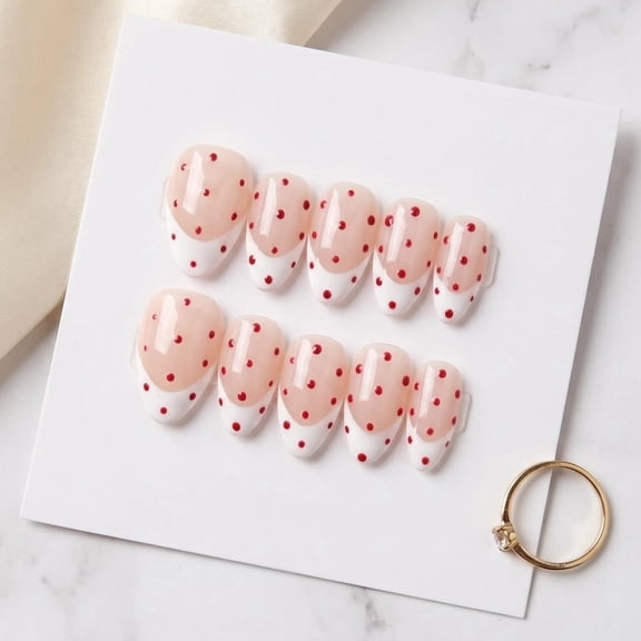 JC P56 10pcs Medium Almond Press On Nails Nude Pink White French Tip Red Polka Dots Elegant Minimalist Handmade Fake Nails