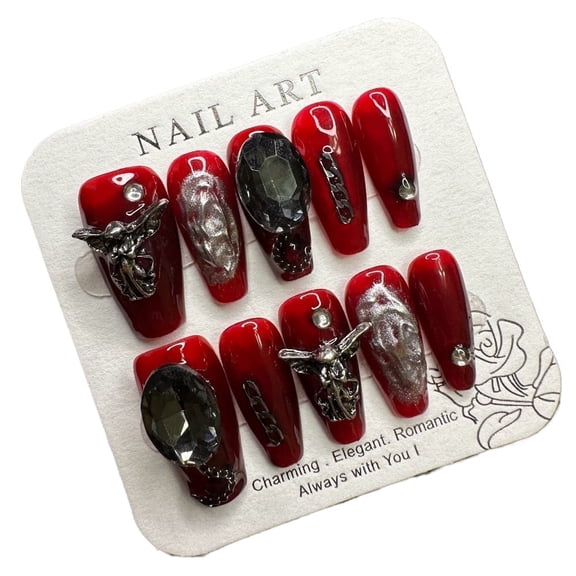 JC Press On Nails Kit, Durable, Easy Application, Short Length Nail Press Ons, Handmade, Stylish Impress, Red (S10 M)