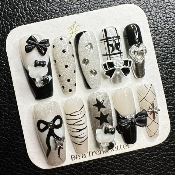 JC Press On Nails Kit, Regular Coffin Plastic Artificial Nails, Easy Application, 10 Pieces