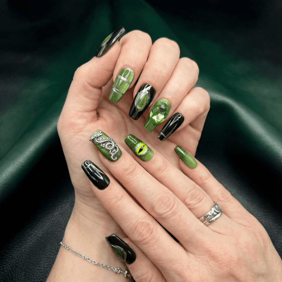 JC Press On Nails Kit, Regular Size Coffin Artificial Nails, Green, 10 Pieces