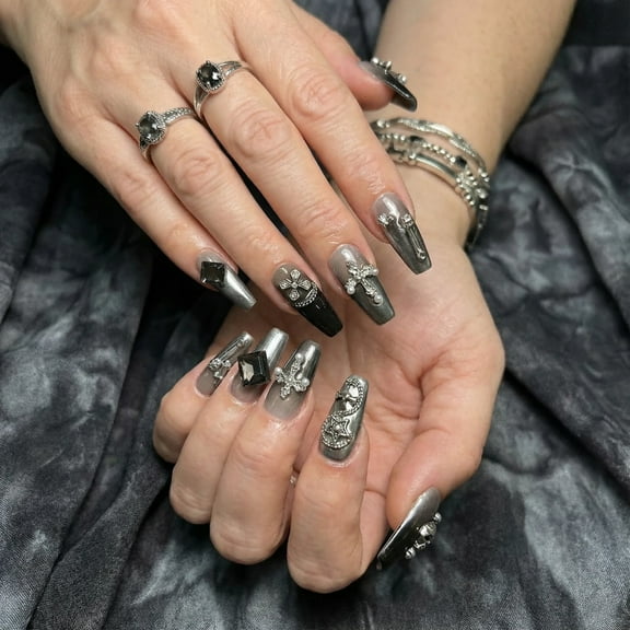 JC Press On Nails Kit, Short Length Coffin Nails, Easy Application, 10 Pieces