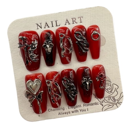 JC Press On Nails Kit, Short Length Nail Press Ons, Durable & Easy Application, Red, 10 Pieces