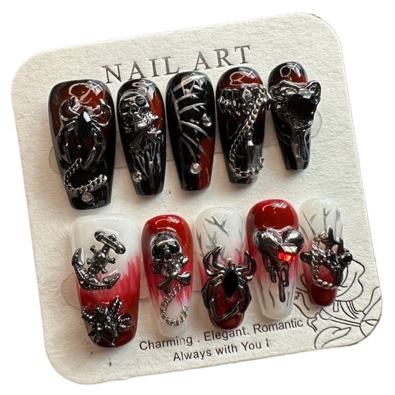 JC Regular Size Coffin Plastic Artificial Nails, Red, 10 Pieces