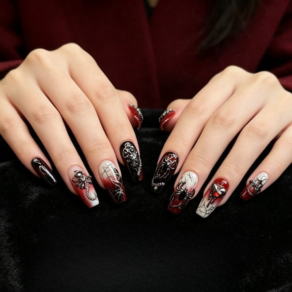 JC Regular Size Coffin Plastic Artificial Nails, Red, 10 Pieces