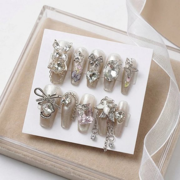 JC Easy Application Regular Coffin Acrylic Artificial Nail Set, Natural Silver, 10 Pieces