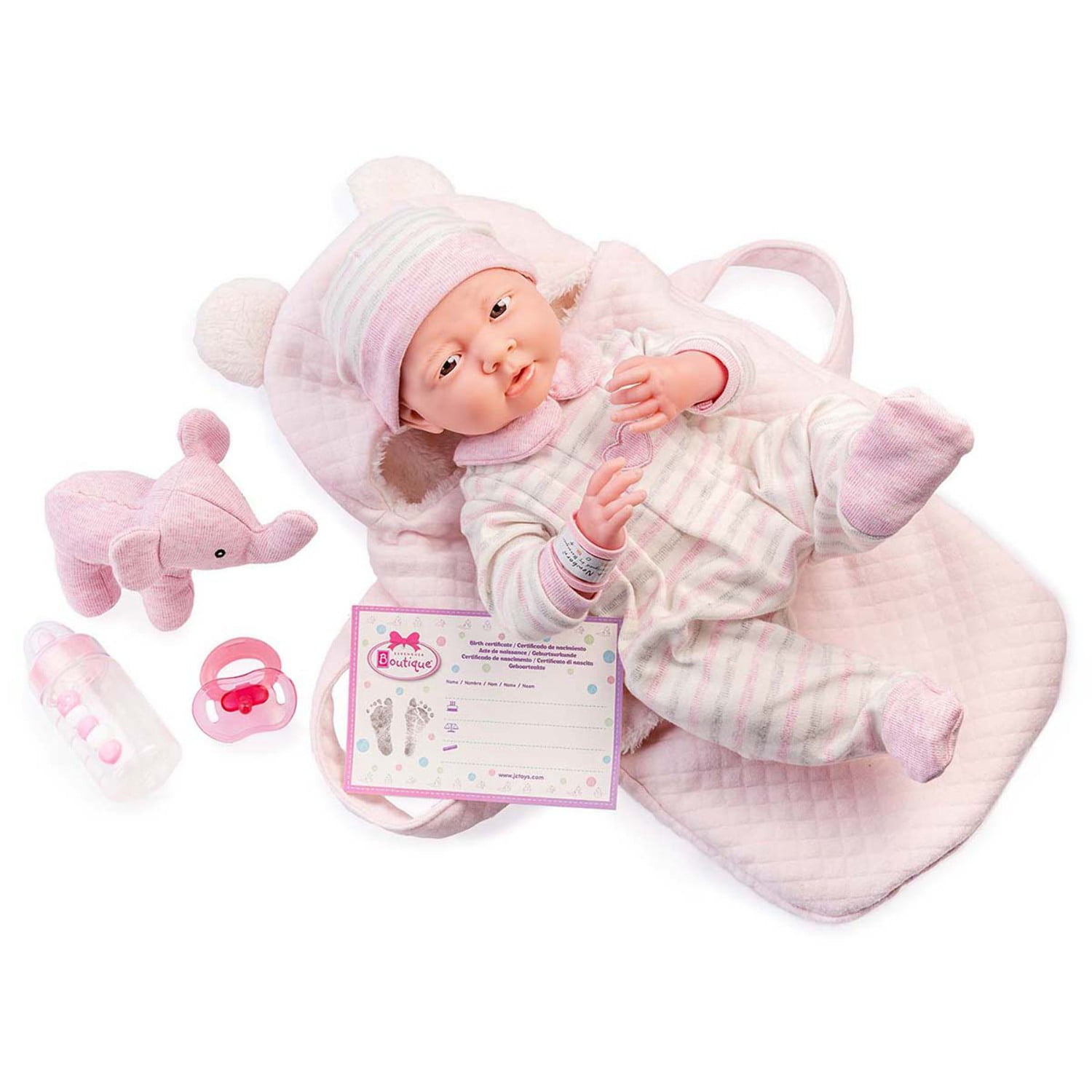JC Toys, La Newborn Nursery 15.5" Soft Body Baby Doll 8 piece Gift Set-Deluxe Carry Fabric Basket-with Accessories-Pink Elephant Theme-Ages 2+