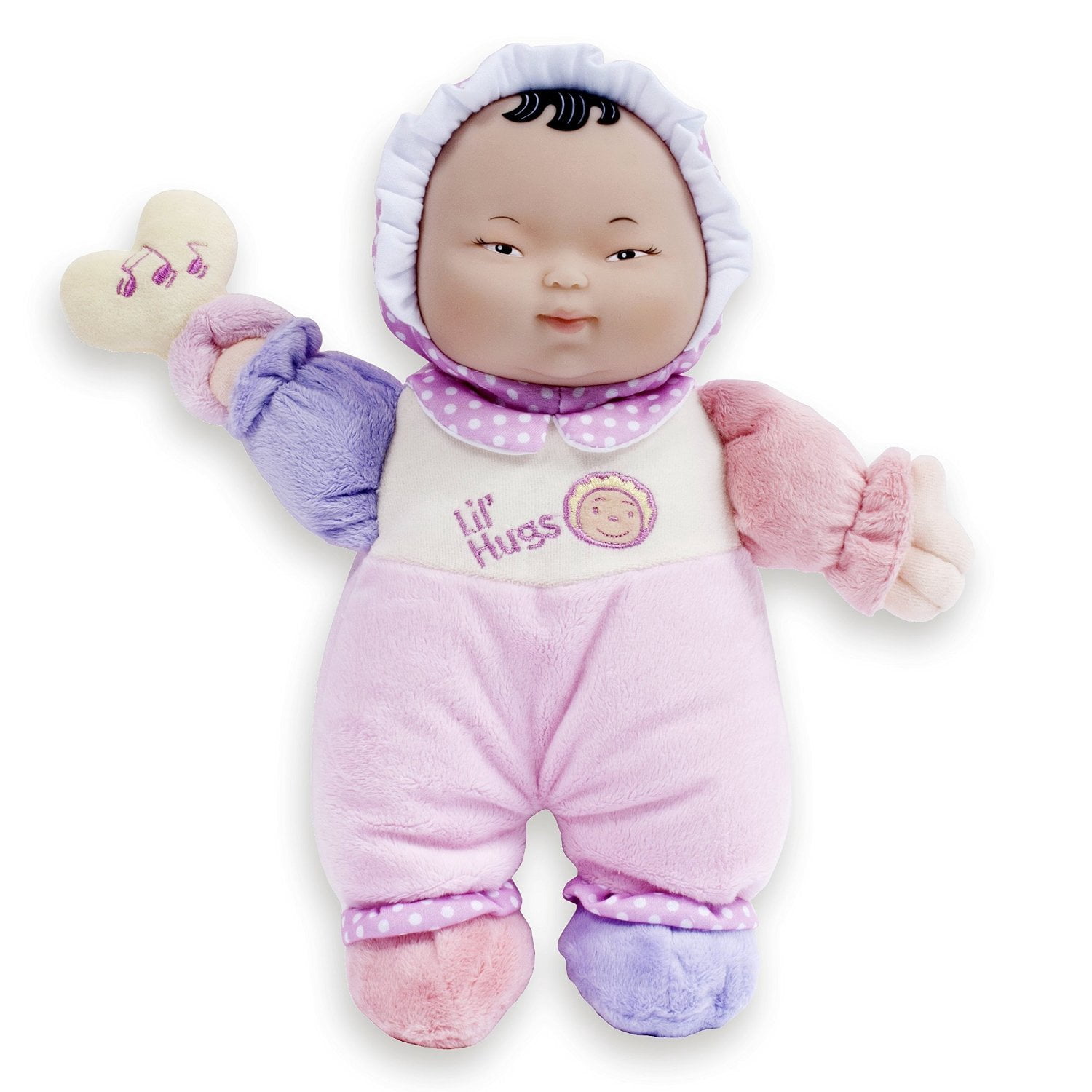JC Toys Lil' Hugs Baby's First Soft Doll, Vinyl Face, Pastel Outfits with Rattle, 12" Asian
