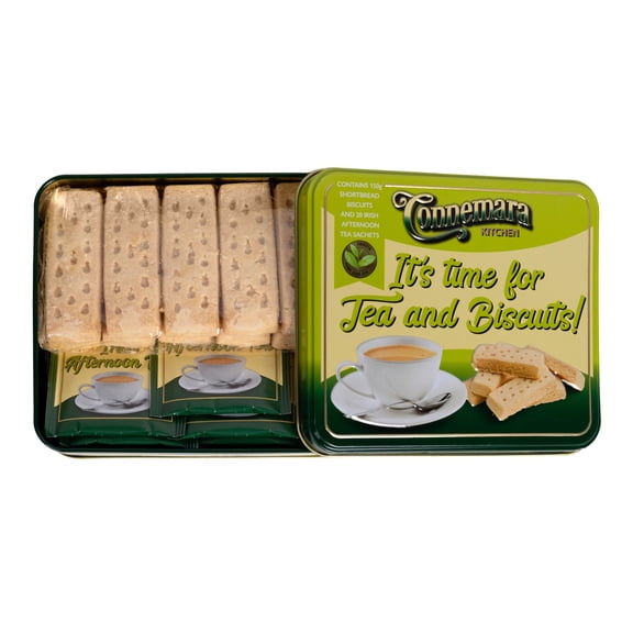 JC Walsh & Sons Connemara Irish Tea & Shortbread Biscuits Gift Set – 20 Tea Sachets & 5.29oz Butter Cookies in Reusable Tin – Authentic Irish Treat