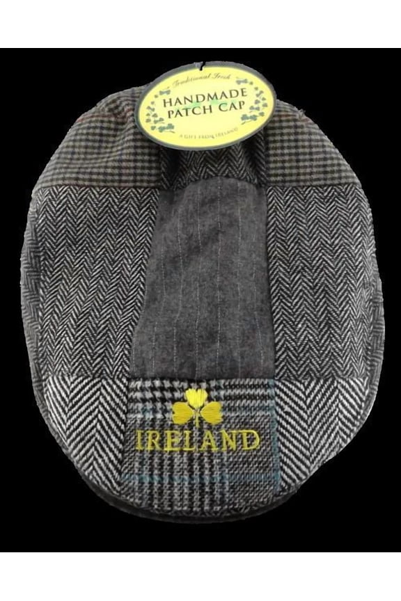 JC Walsh & Sons Ireland Grey Patchwork Flat Cap Gold Shamrock Classic Mens Hats St Patrick's Day Accessories for Men