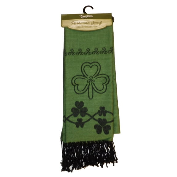 JC Walsh & Sons Shamrock Style Long Green Pashmina Scarf With Celtic Knotwork Design, Dark Green