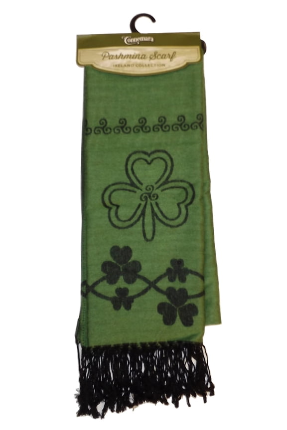 JC Walsh & Sons Shamrock Style Long Green Pashmina Scarf With Celtic Knotwork Design, Dark Green