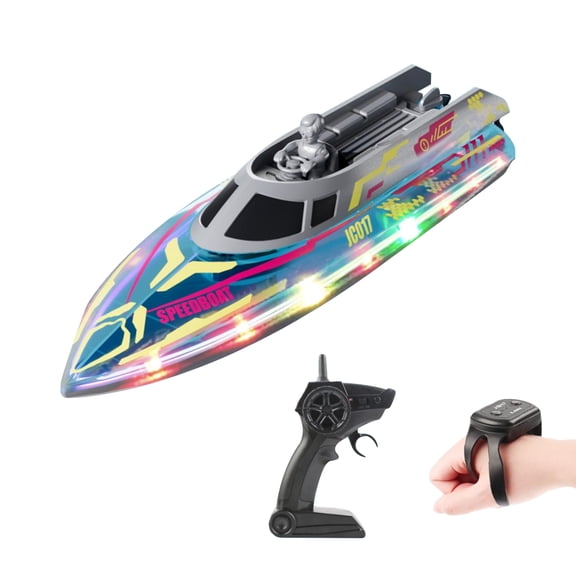 JC017 High Speed RC Yacht With 20kmh Dual Motor Power LED Lights 2.4GHz Dual Remote Control Boat For River Lake And Pool Recreation( Grey / dual control )