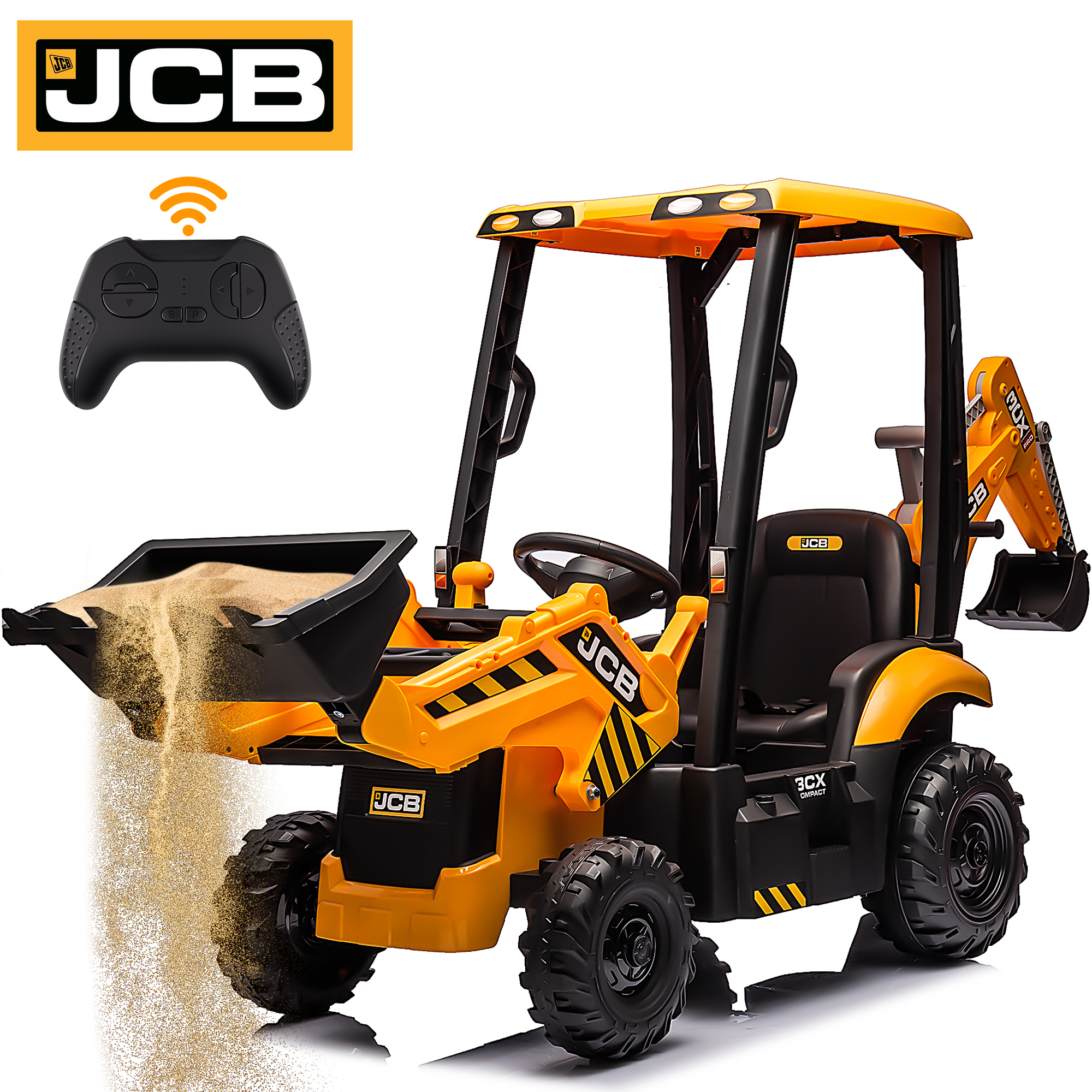 JCB 12V Ride on Excavator Digger, 4in1 Kids Ride on Toy with Remote Control, Powered Electric Construction Tractor for 3-6 Years Old Boys Girls Toddlers, Ajustable Front and Back Loader, Yellow - image 1 of 10