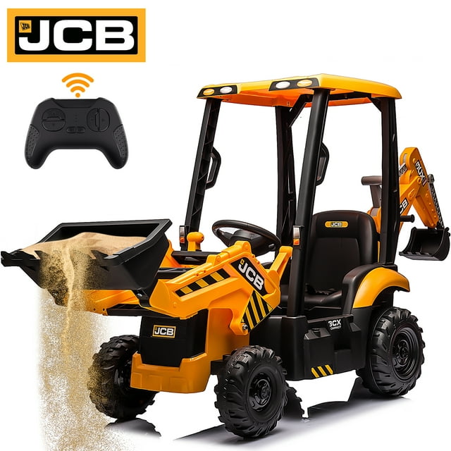 JCB 12V Ride on Excavator Digger, 4in1 Kids Ride on Toy with Remote Control, Powered Electric Construction Tractor for 3-6 Years Old Boys Girls Toddlers, Ajustable Front and Back Loader, Yellow