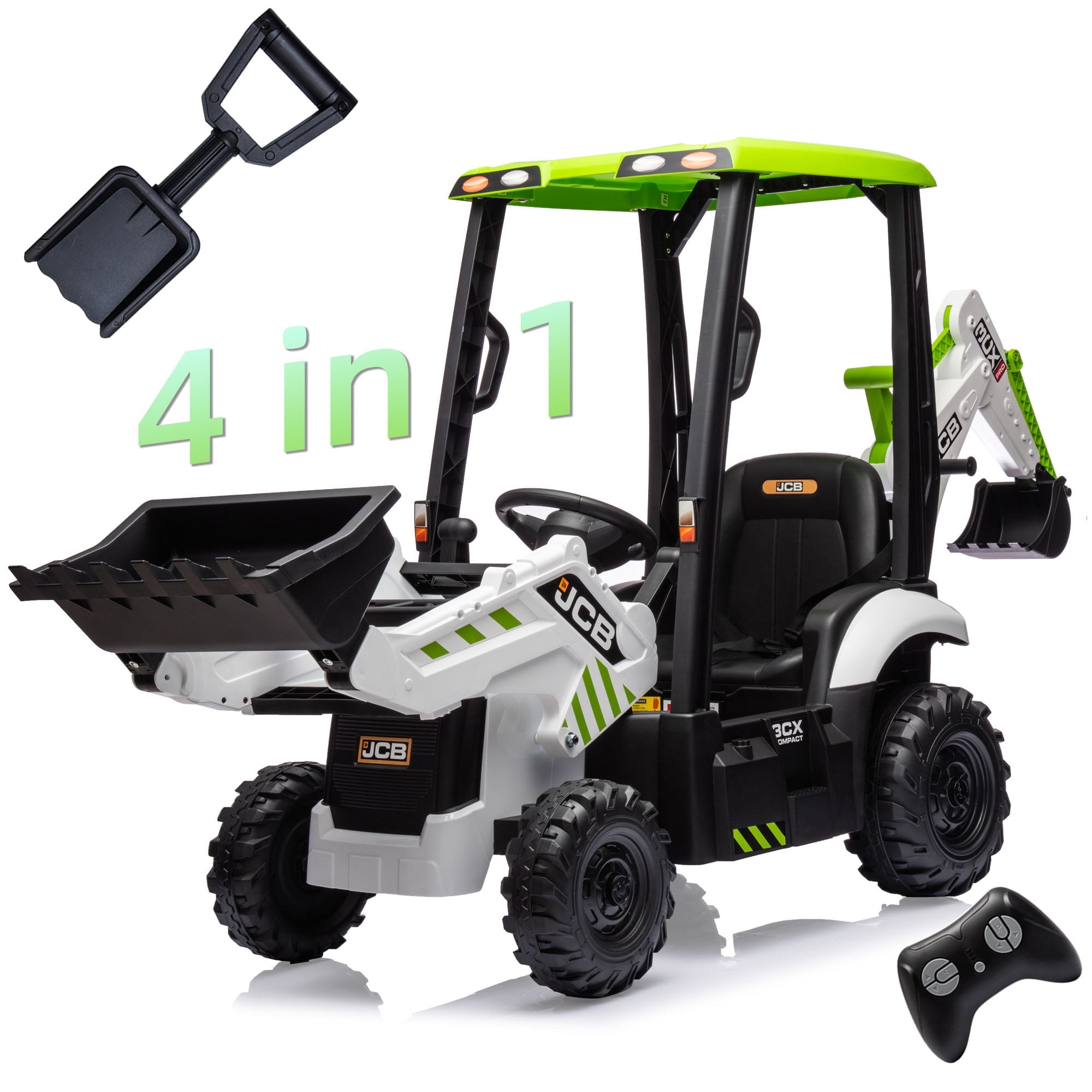 12V White and Green Kids Ride-On Excavator with Remote Control