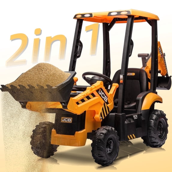 JCB 2 in 1 Kids Ride on Car Excavator & Bulldozer,Wisairt 12 V Battery Powered Electric Vehicle w/ Remote Control,Bucket,Digger,Handle(Yellow), Ages 3-6