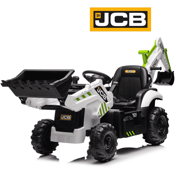 JCB 24V Ride On Excavator, 2 IN 1 Kids Electric Construction Ride on with Remote Control, Front Loader Bulldozer, Digger, Music, Ride on Toys for 3-6 Boys Girls, White & Green