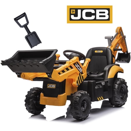 JCB 24V Powered Excavator Ride on Car, 2 in 1 Kids Electric Construction Truck with Remote Control, Front Loader Bulldozer, Digger, 4 Wheeler Ride on Toys for 3-6 Boys Girls, Yellow