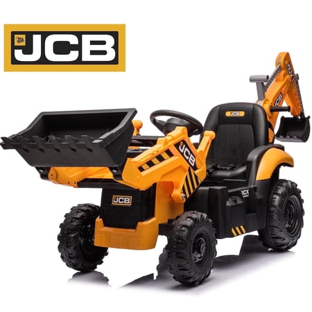 JCB 24V Ride On Excavator, 2 IN 1 Kids Electric Construction Ride on with Remote Control, Front Loader Bulldozer, Digger, Music, Ride on Toys for 3-6 Boys Girls, Yellow