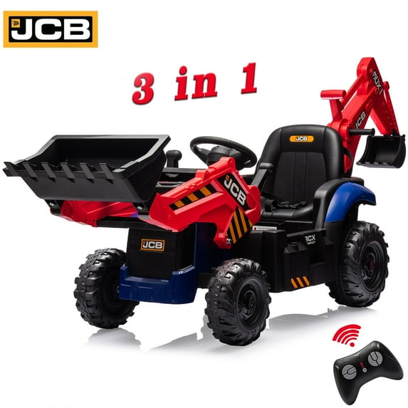 JCB Excavator Ride On & Bulldozer, 24V Battery Powered Construction Vehicles for Kids with Remote Control and Front Loader, Music Player, Backhoe Loader Ride-On Large Digger