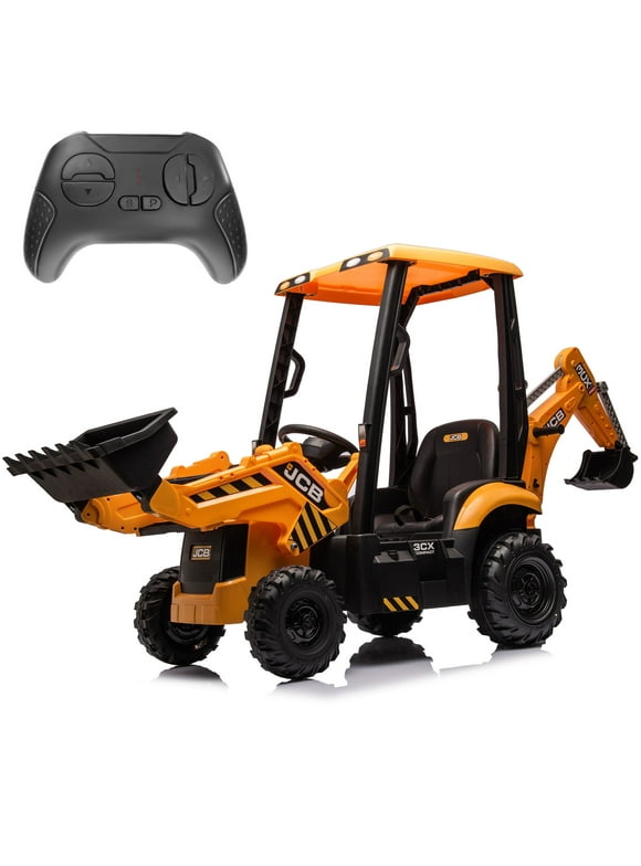 JCB Excavator Ride On & Bulldozer, 12V Battery Powered Construction Vehicles for Kids with Remote Control and Front Loader, Music Player, Backhoe Loader Ride-On Large Digger Yellow
